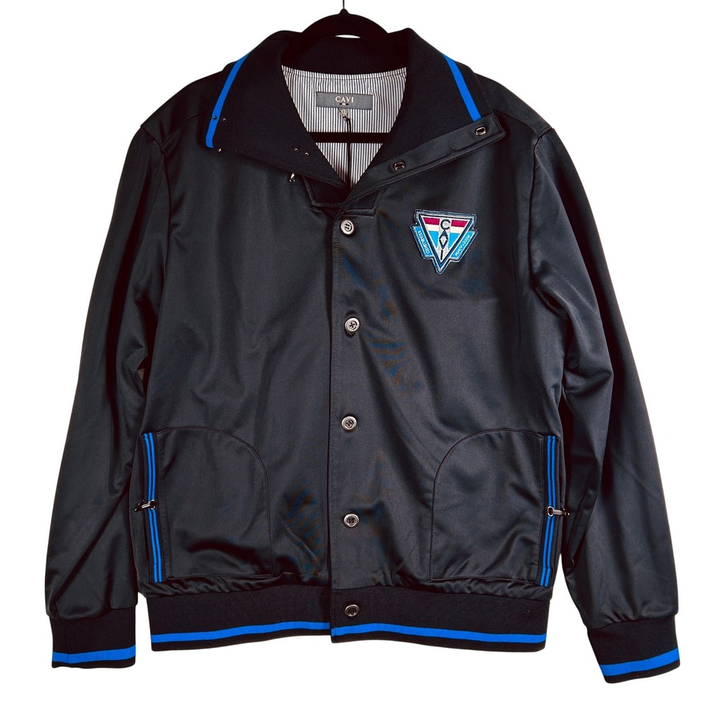 Cavi Mens Black Bomber Jacket Blue Stripe Trim Toggle Neck XL‎ Streetwear MMIV